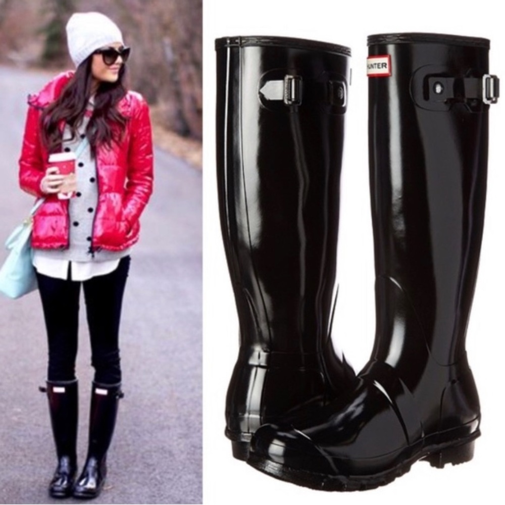 Brand new Hunter tall black gloss rain boots size US 5